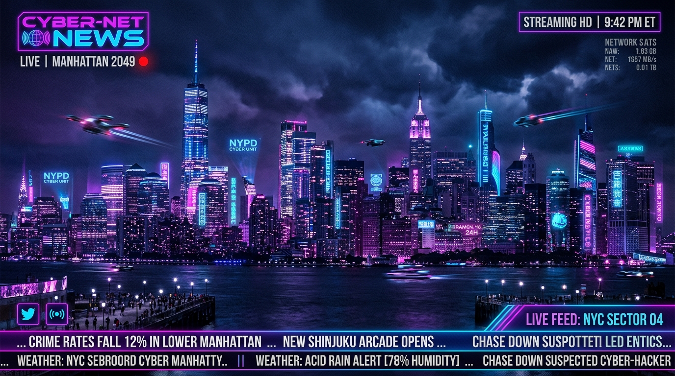 IPTV New York — Cyberpunk Manhattan Skyline Night View